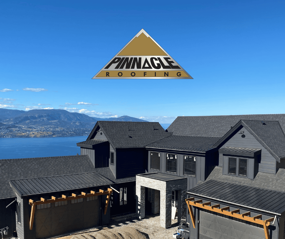 Modern mountain home with Pinnacle Roofing logo